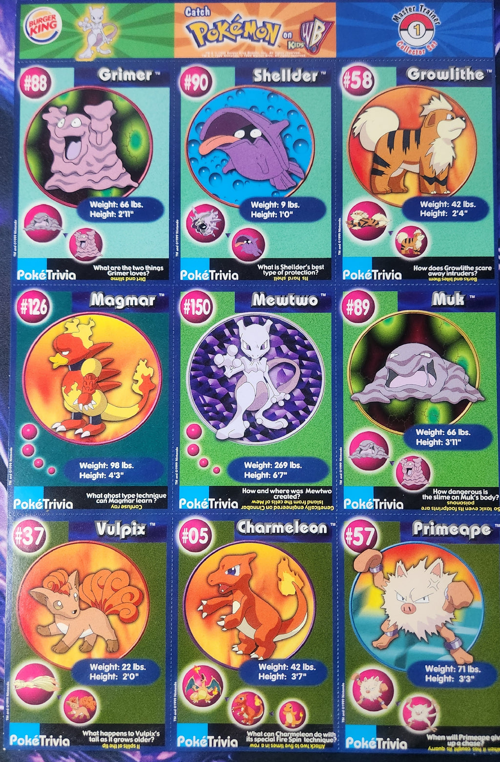 pokemon 1997 Kids WB promo, Burger king sheets